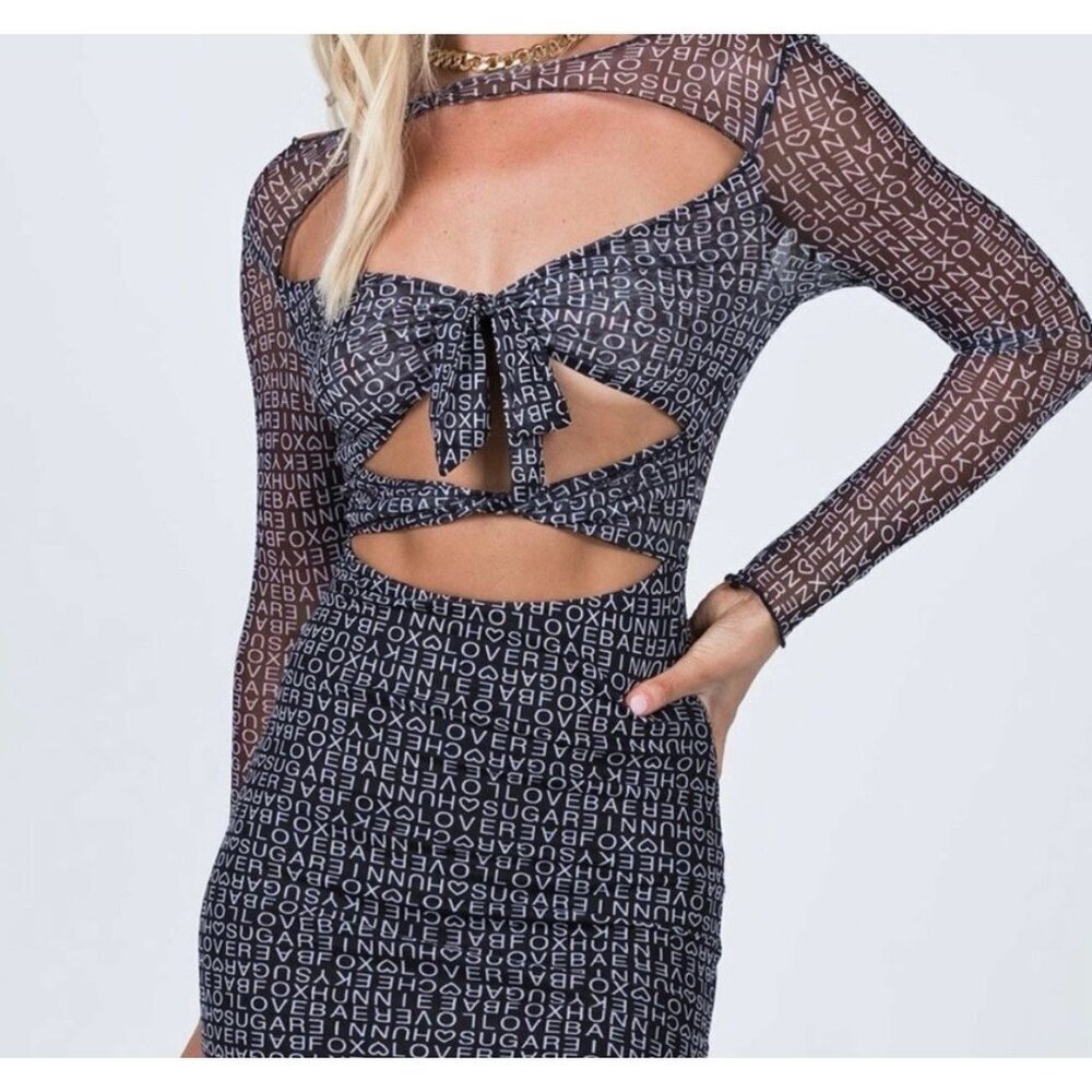 Princess Polly Text Me Dress Womens 10 Black NWT Sexy Mini Sheer Cut Out E-Girl